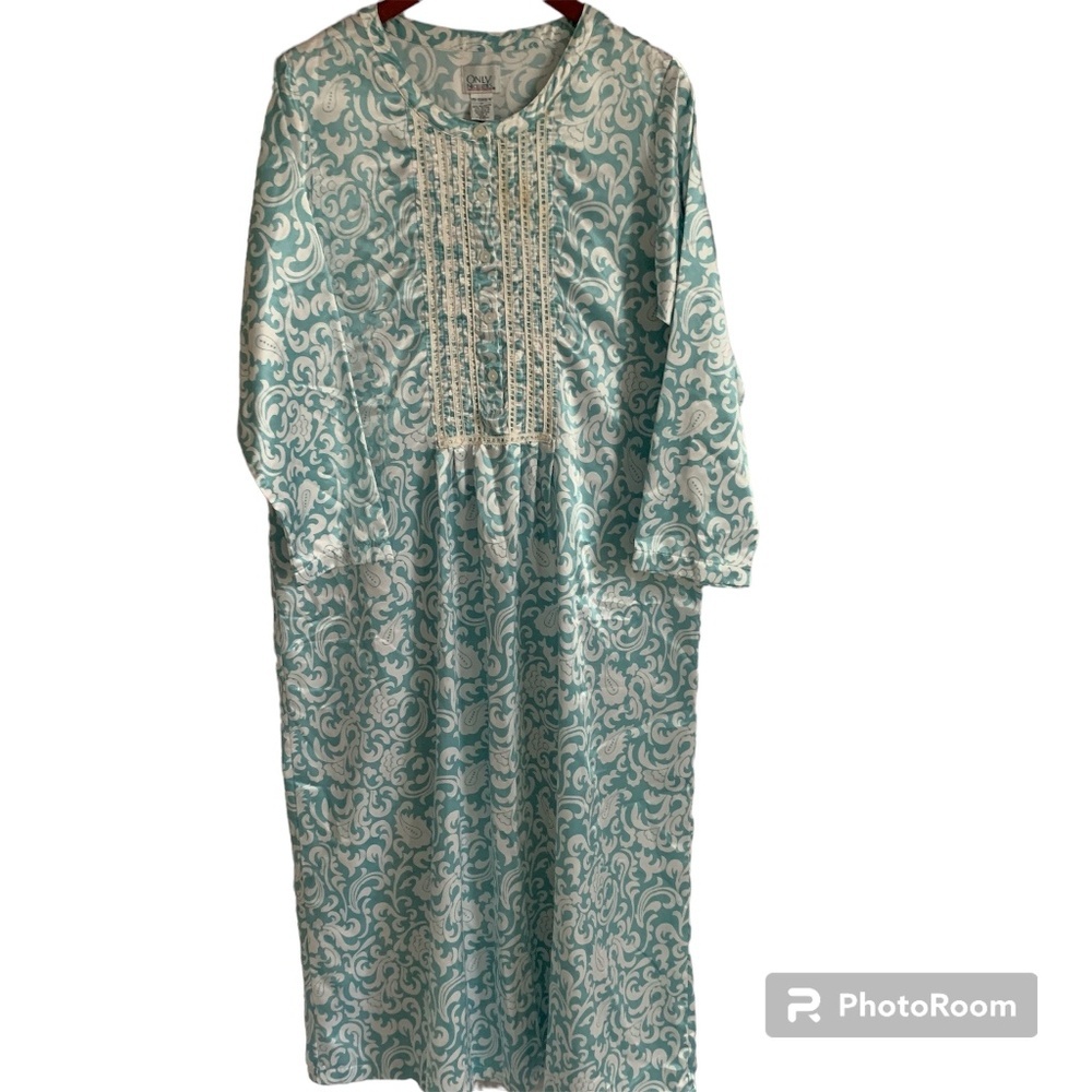 Only Necessities Nightgown Medium Blue White Satin Lace Button Up Housedress